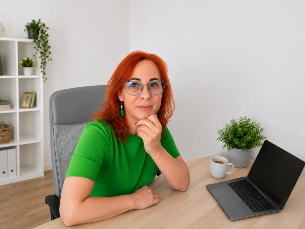 Gede Anikó természetgyógyász ül egy irodai asztalnál mosolyogva